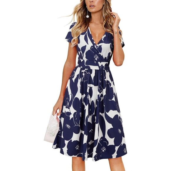 Dresses & Skirts - Women's Summer Short Sleeve V-Neck Floral Short Party Dress with Pockets